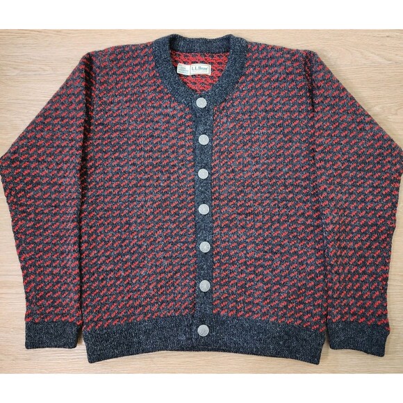 LL Bean Cardigan Sweater Mens M Wool Birdseye Knit Red Black Vintage Sweatshirt